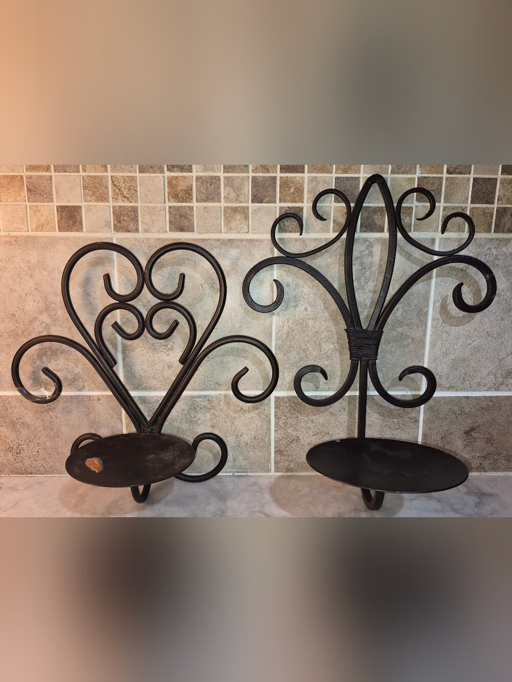 Pair of black Wrought Iron Scroll Candle Wall Sconces